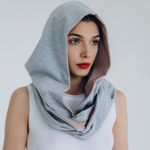 Cotton jersey hooded scarf Natural fabric reversable round scarf with hood Boho circle cowl hood for Travel Festival Cosplay