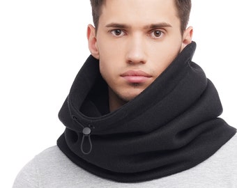 Mens hooded scarf Black fleece tube scarf Snood for men Warm winter neck warmer