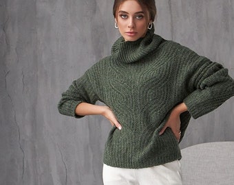 Khaki turtleneck wool sweater Women knit mohair soft sweater