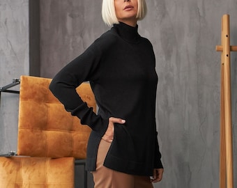 Black turtleneck long sweater Cotton long sleeve top woman