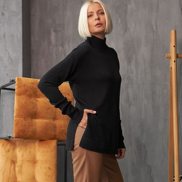 Black turtleneck long sweater Cotton long sleeve top woman