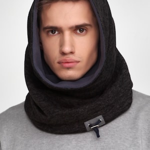 Gray fleece hooded scarf Warm snood Mens snood