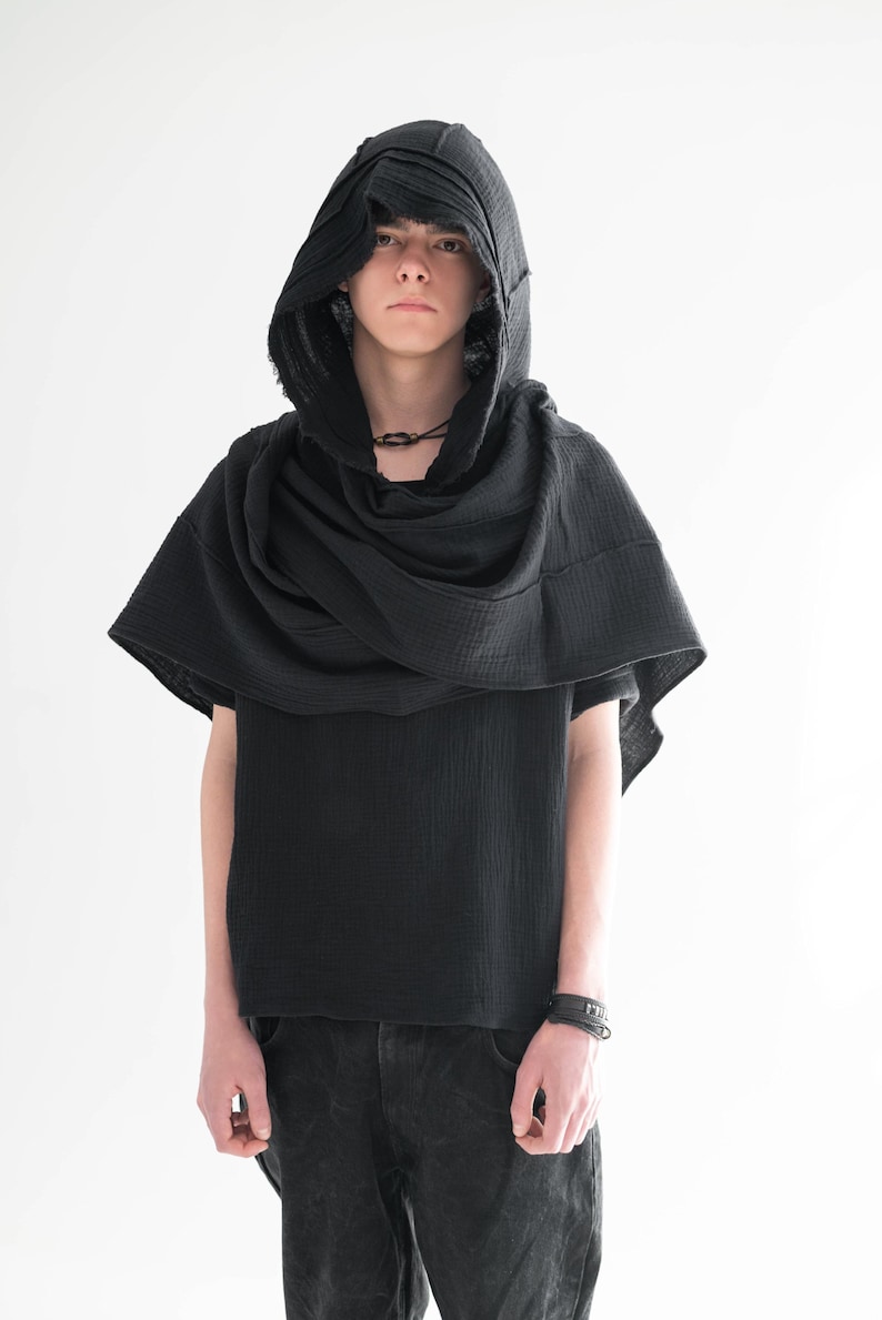 Desert Nomad Muslin Set, Men's Black Gauze T-Shirt and Convertible Hood, Post-Apocalyptic Festival Outfit image 3