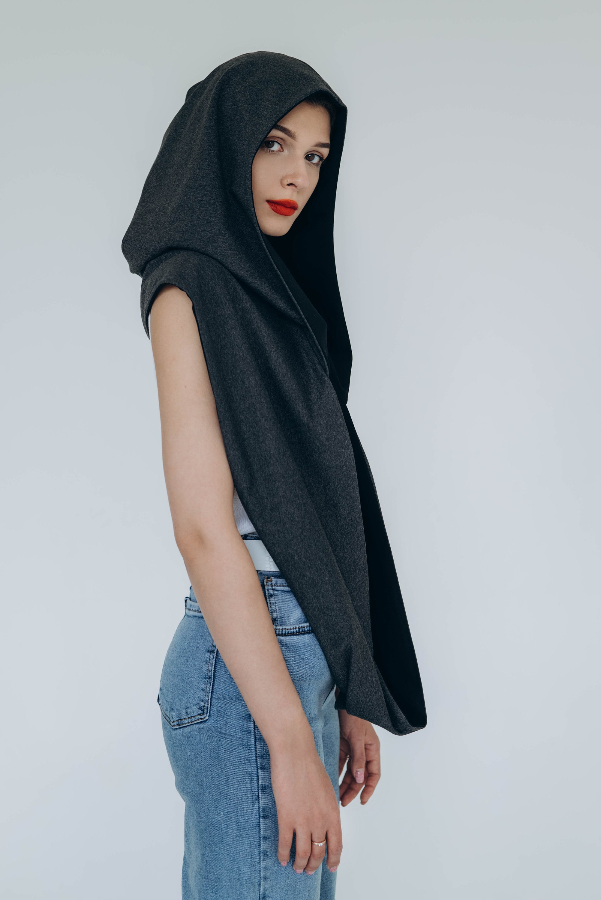 Black Cotton Dune Hooded Scarf Reversable Scarf With Hood