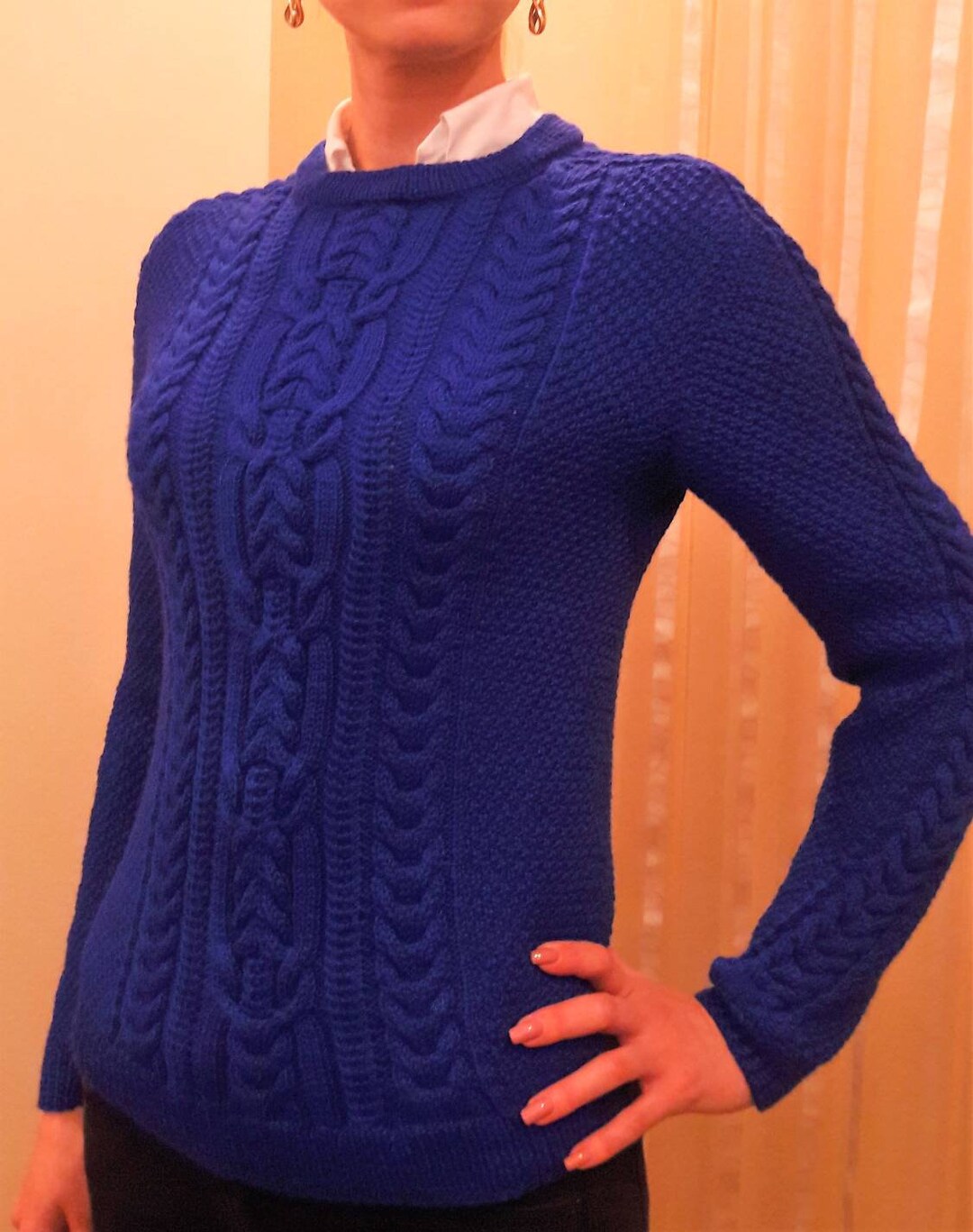 Cable Knit Electric Blue Sweater Hand Knit Womens Sweater Etsy