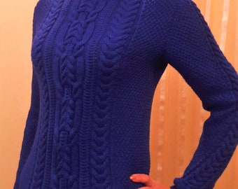 Cable knit electric blue sweater Hand knit womens sweater