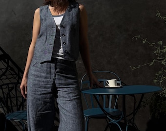 Pure Linen Barrel Pants, Loose Fit Button Down Vest, Tailored Summer Linen Co-ord Set