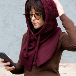 Bufanda con capucha de piel sintética, estilo scoodie de mezcla de lana