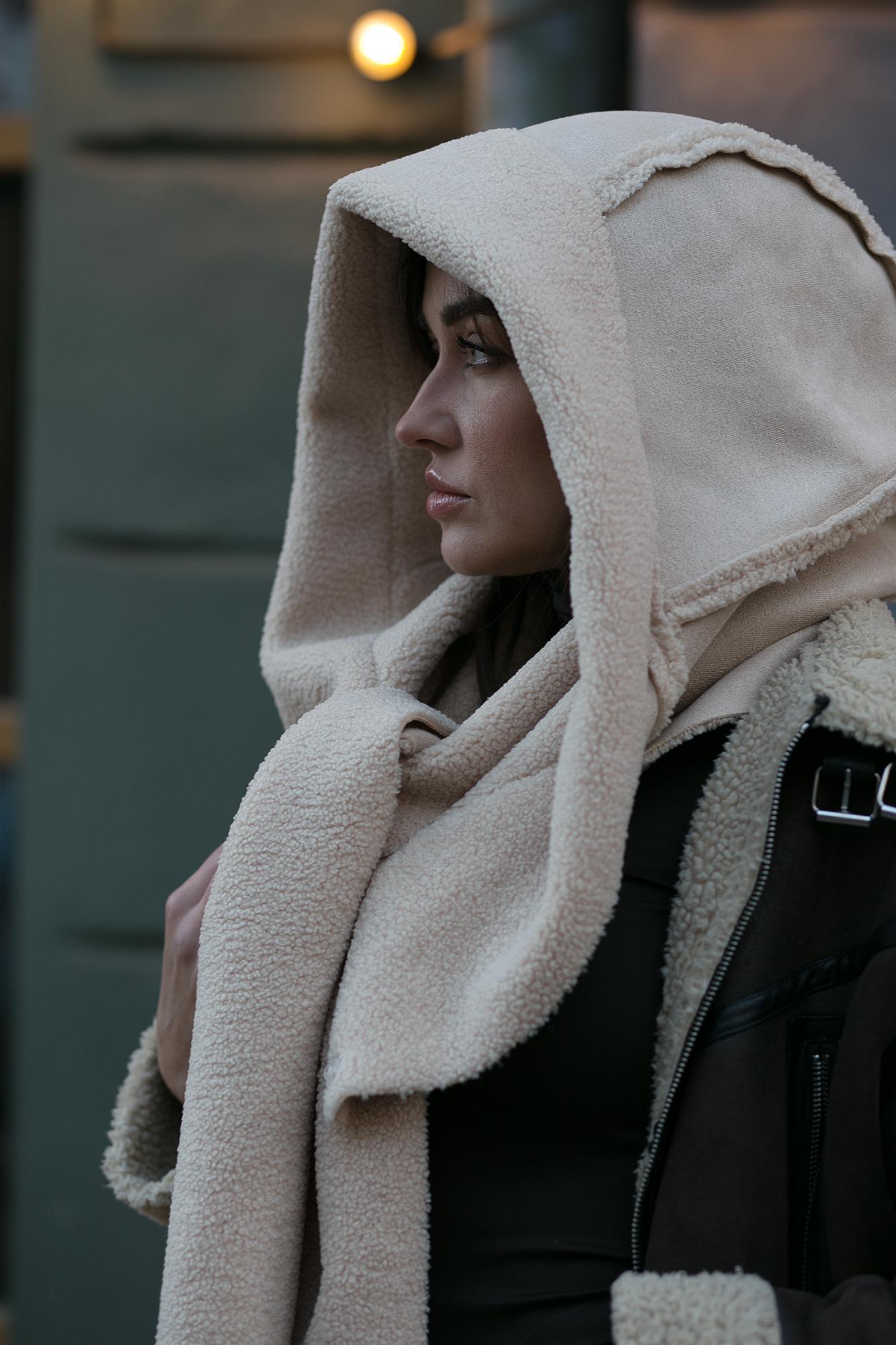 Black Warm Sheepskin Oversized Warm Hooded Scarf Maxi Winter Cowl