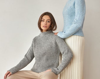 Gray ribbed knit turtleneck sweater Wool warm long sleeve for women