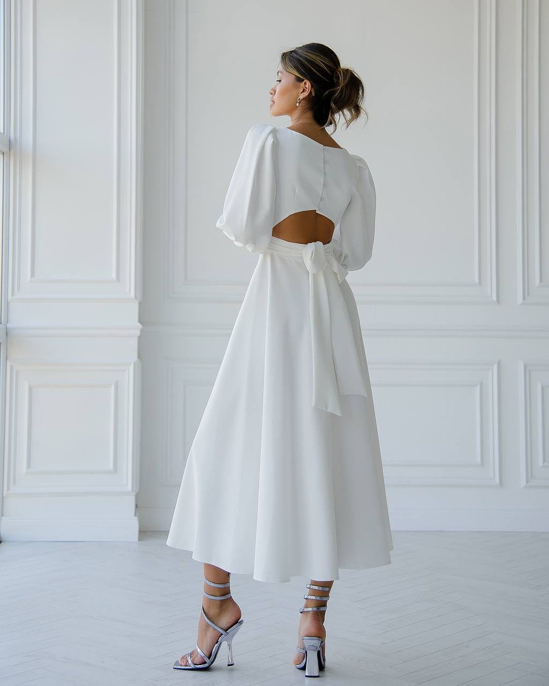Robe de mariée midi blanche Robe longue lanternes à manches bouffantes avec  nœud dans le dos Robe de bal pour des occasions spéciales Canada