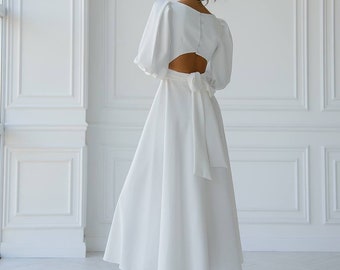 White midi wedding dress Lanterns puff sleeves long dress with bow on the back Prom Dress for special occasions