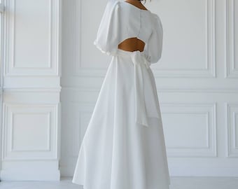 White midi wedding dress Lanterns puff sleeves long dress with bow on the back Prom Dress for special occasions