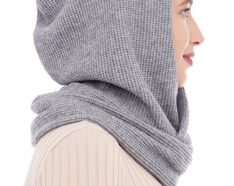 Gray hooded scarf Womens scoodie Knitted hooded scarf