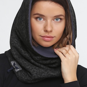 Black hooded scarf Dark gray fleece snood Women snood