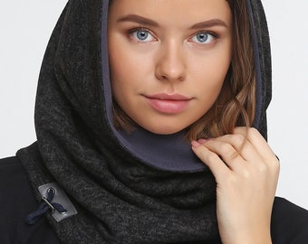 Black hooded scarf Dark gray fleece snood Women snood