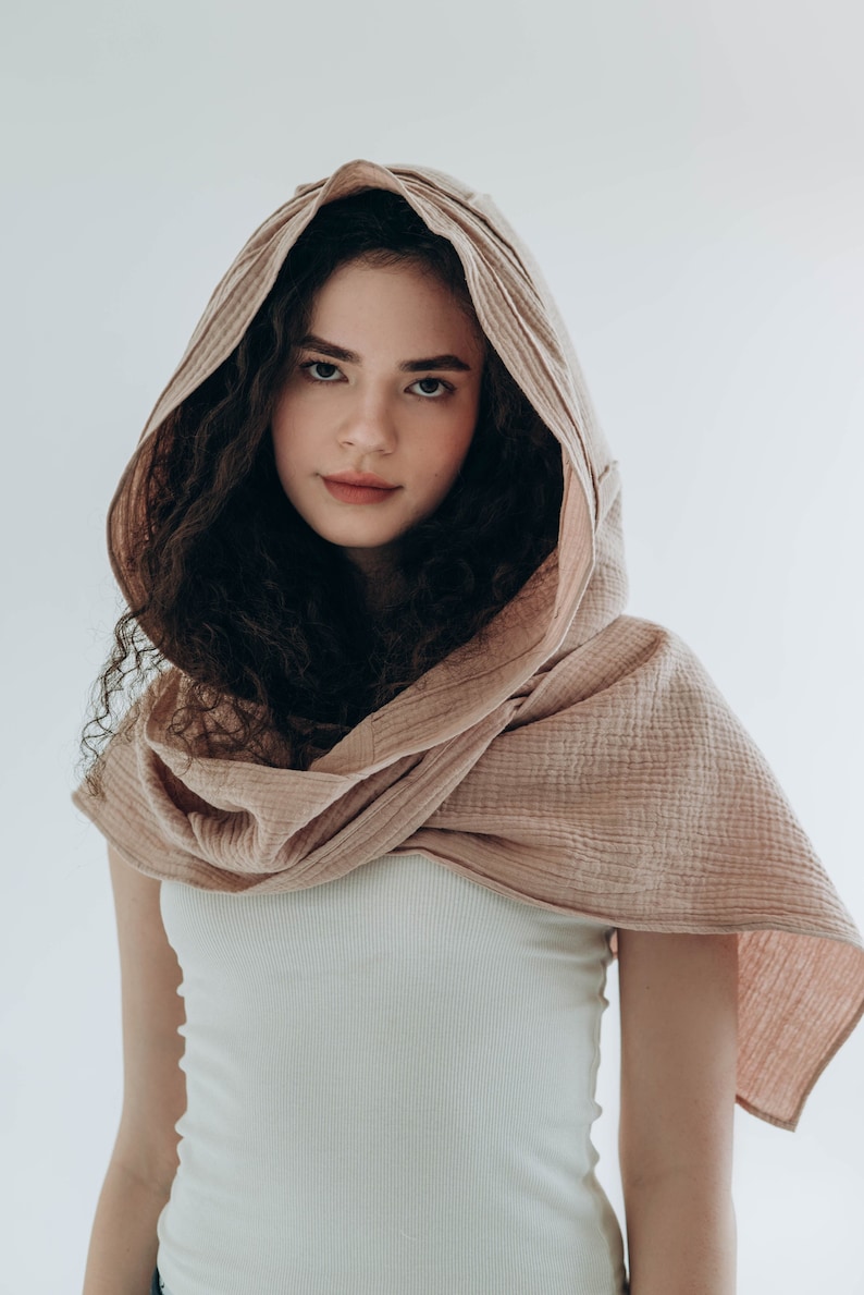 Beige organic cotton dune hooded scarf