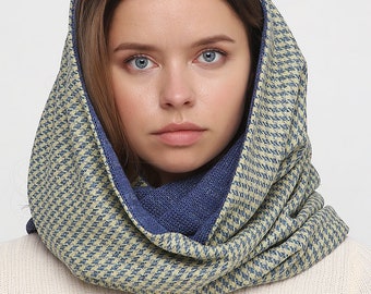 Hooded blue scarf Reversible snaps Scarf houndstooth Scarf