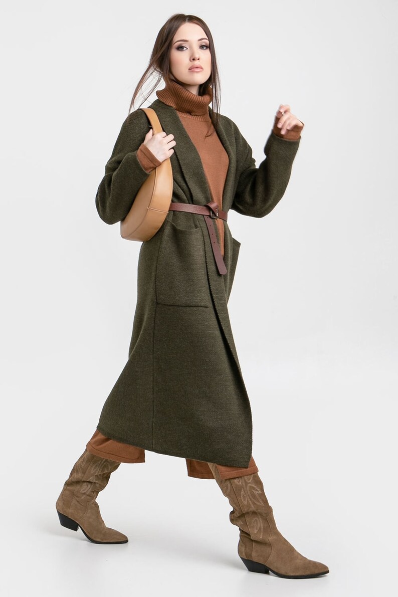Woman's Khaki Cardigan Long Knit Cardigan Knit Coat Etsy