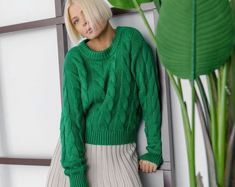 Green knit sweater Cable knit jumper Knitted green pullover