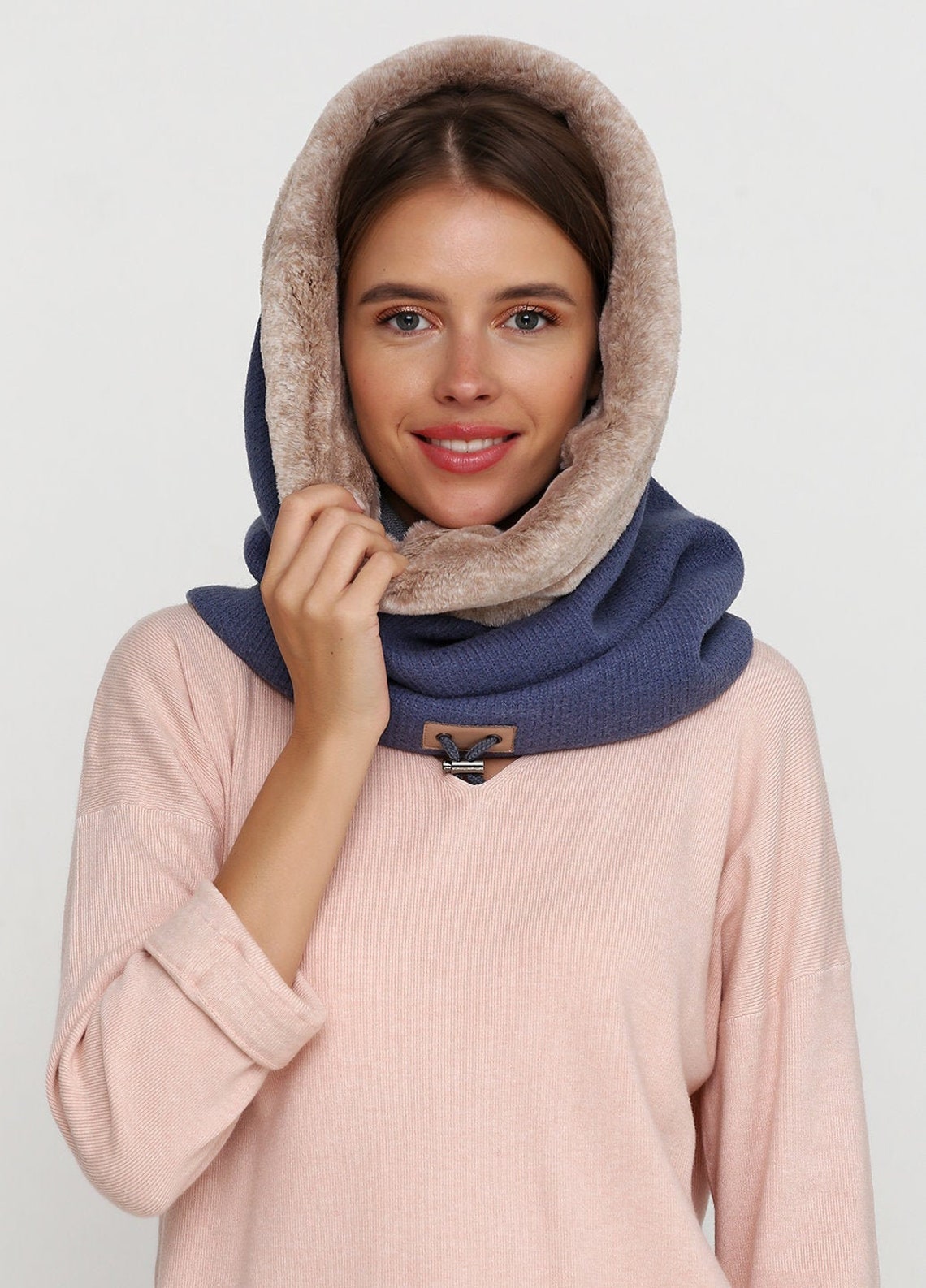 Cowl hood for winter Blue fur hooded scarf Wool womens snood Etsy