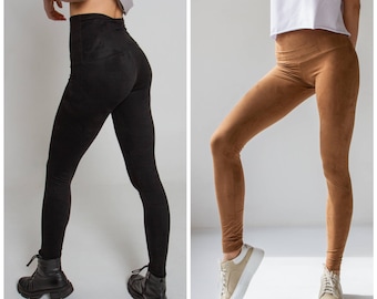 High waist leggings Stretch casual leggings for women Faux suede beige slim pants