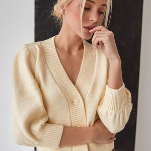 Wool buttons cardigan Puff sleeves womens cardigan image 1