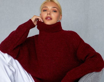 Turtleneck Burgundy Merinos Wool Sweater Winter Womens Rib Knitted Longsleeve Warm Cozy Jumper