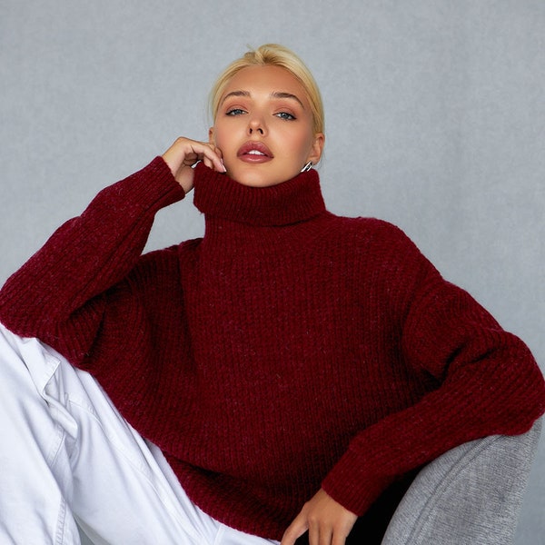 Turtleneck Burgundy Merinos Wool Sweater Winter Womens Rib Knitted Longsleeve Warm Cozy Jumper
