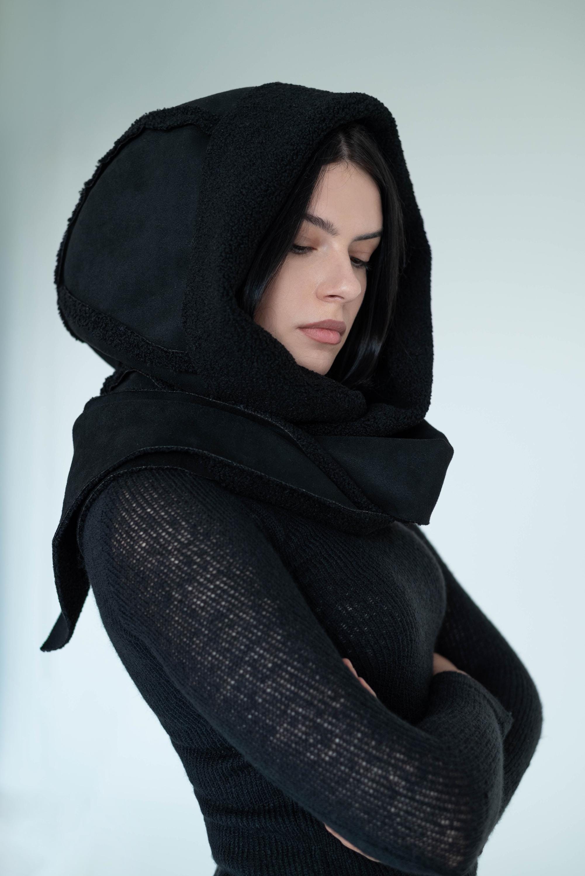 Winter Gray Cozy Furry Hooded Scarf Sheepskin Oversized Warm Cowl