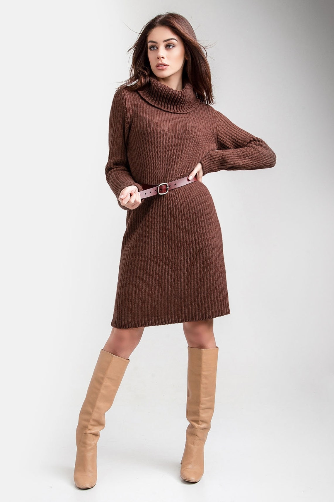 Brown sweater dress Long knit sweater Brick warm dress | Etsy