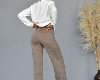 Warm Rib knit Woolen Pants Comfy Knitted Gray-beige melange Womens Trousers Winter Knitted pants