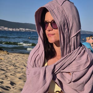 Organic cotton hooded scarf Natural fabric round scarf with hood Maxi cowl hood shawl for curly hair Powder