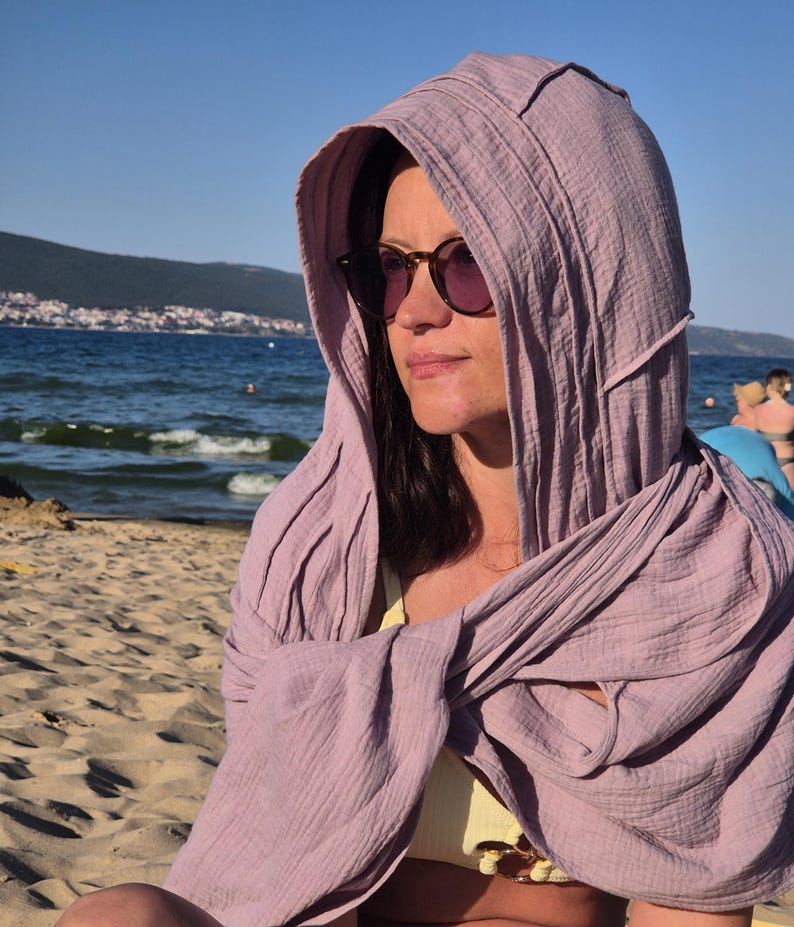 Organic cotton hooded scarf Natural fabric round scarf with hood Maxi cowl hood shawl for curly hair Powder