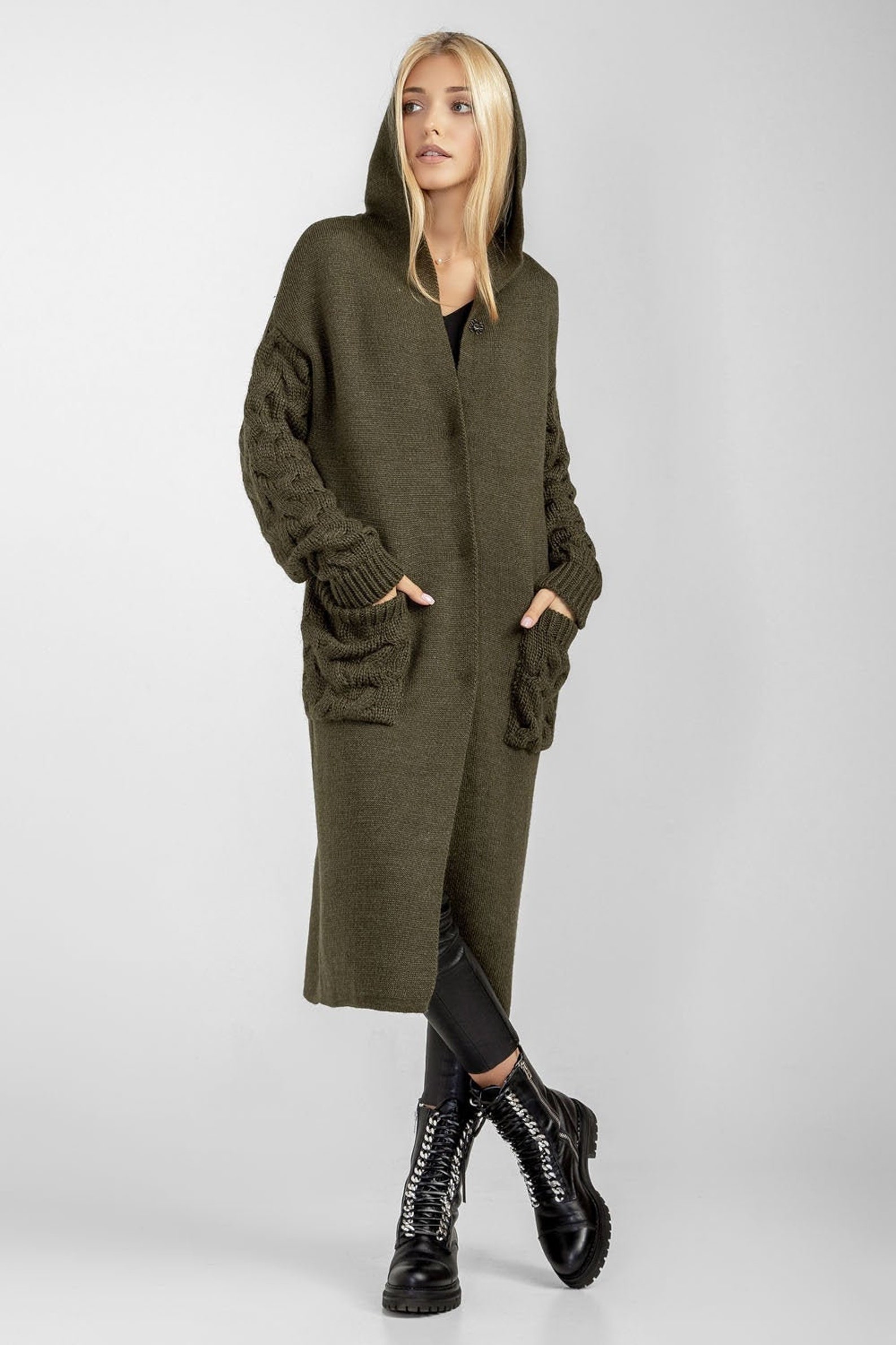 Womans hooded cardigan Khaki knit cardigan Long knit cardigan Etsy