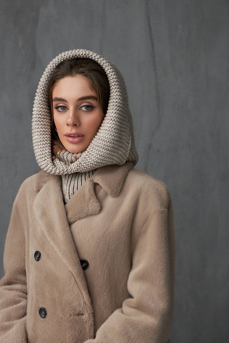 Gray Hooded Scarf Womens Snood Knitted Hooded Scarf Etsy