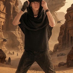 May include: A person wearing a black hooded top, black scarf, and black jeans stands in a desert landscape. The person is also wearing black gloves and a bracelet. The background features rock formations and a futuristic aircraft.