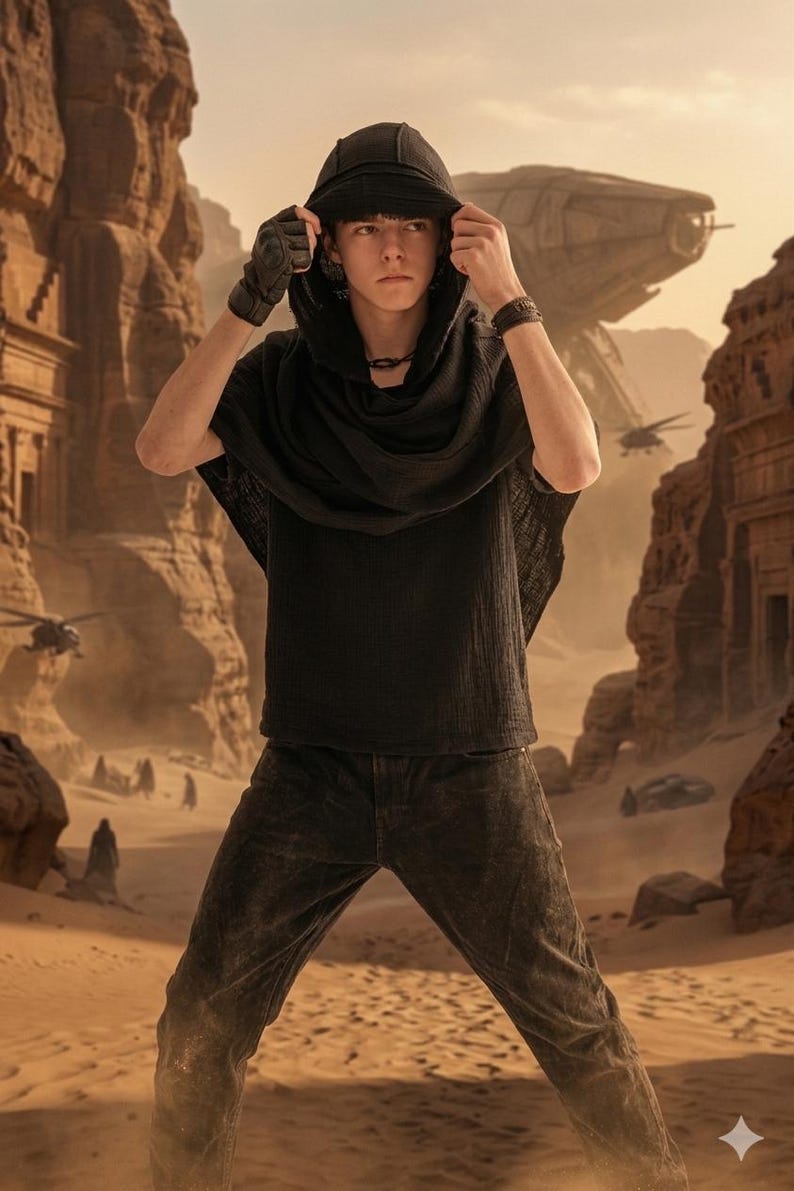 May include: A person wearing a black hooded top, black scarf, and black jeans stands in a desert landscape. The person is also wearing black gloves and a bracelet. The background features rock formations and a futuristic aircraft.
