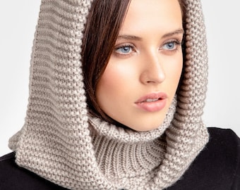 Gray hooded scarf Womens snood Knitted hooded scarf