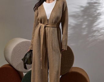 Beige rib knit wrap long sweater Open front cardigan Womens knitted warm cardigan Belted maxi sweater