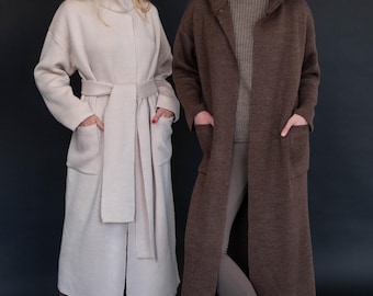 Long knit womens cardigan Wool blend wrap maxi sweater