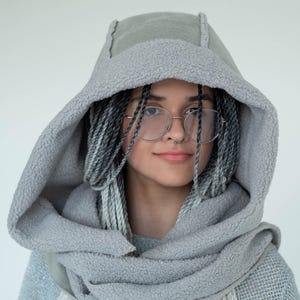 Winter gray cozy furry hooded scarf Sheepskin oversized warm cowl hood