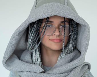 Winter gray cozy furry hooded scarf Sheepskin oversized warm cowl hood