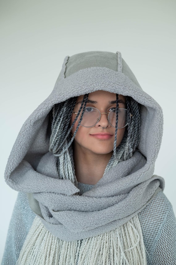 Winter Gray Cozy Furry Hooded Scarf Sheepskin Oversized Warm Cowl