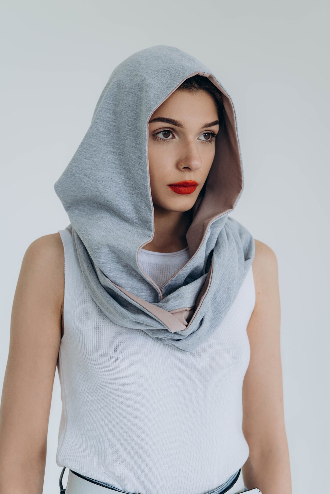 Cotton Jersey Hooded Scarf Natural Fabric Reversable Round Scarf With Hood Boho Circle Cowl Hood