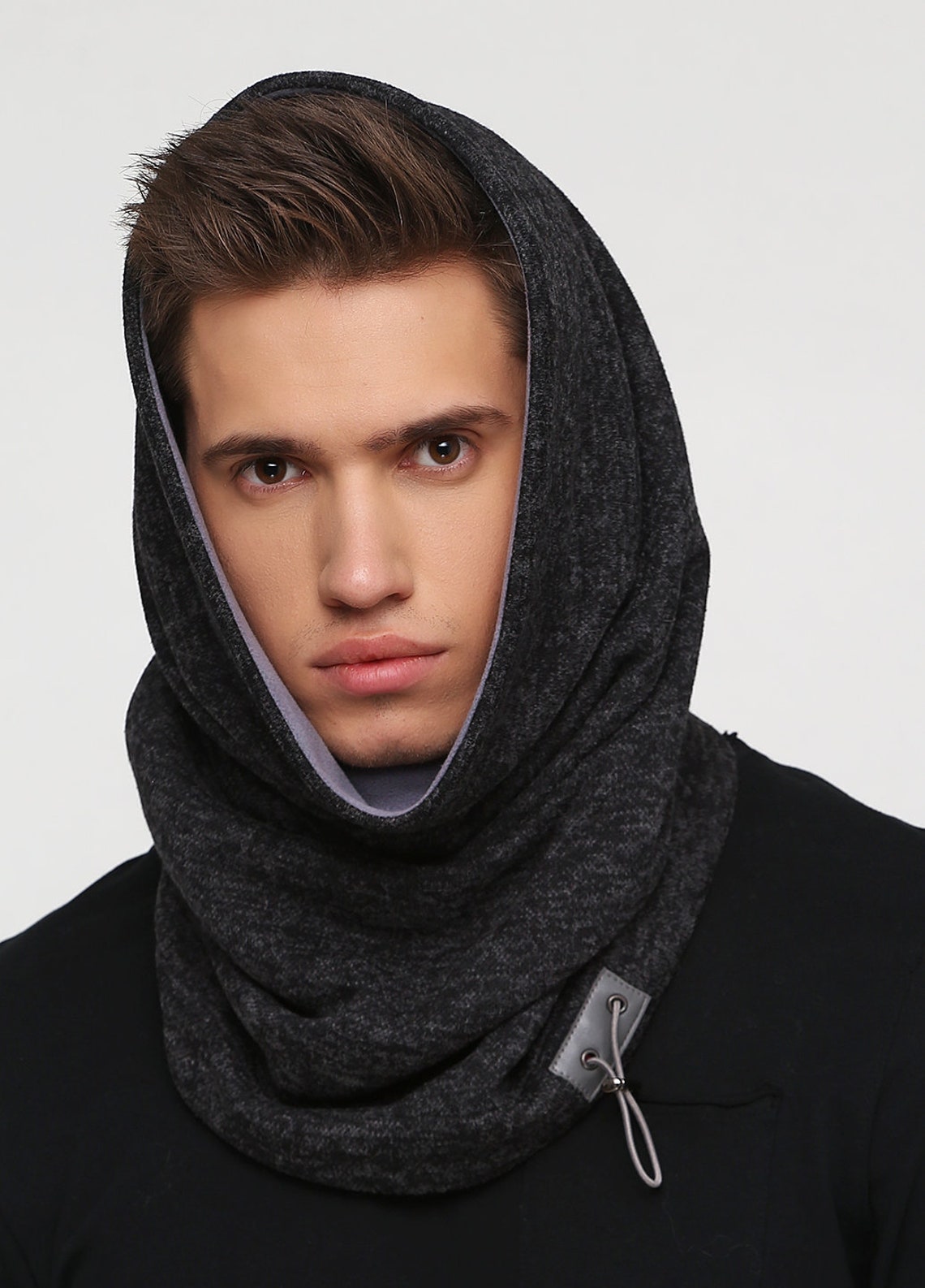 Hooded Gray Scarf Fleece Snood Hooded Cowl Snood Mens Snood Etsy