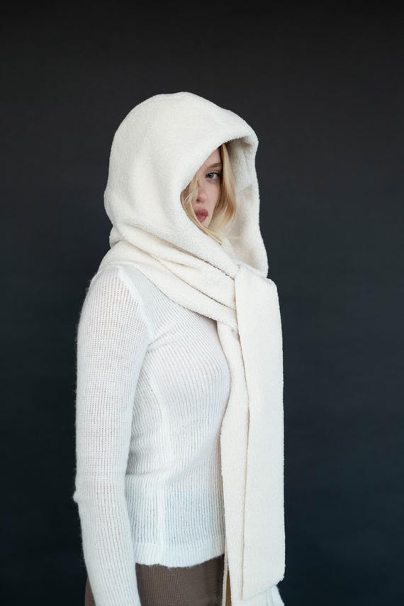 Winter Gray Cozy Furry Hooded Scarf Sheepskin Oversized Warm Cowl