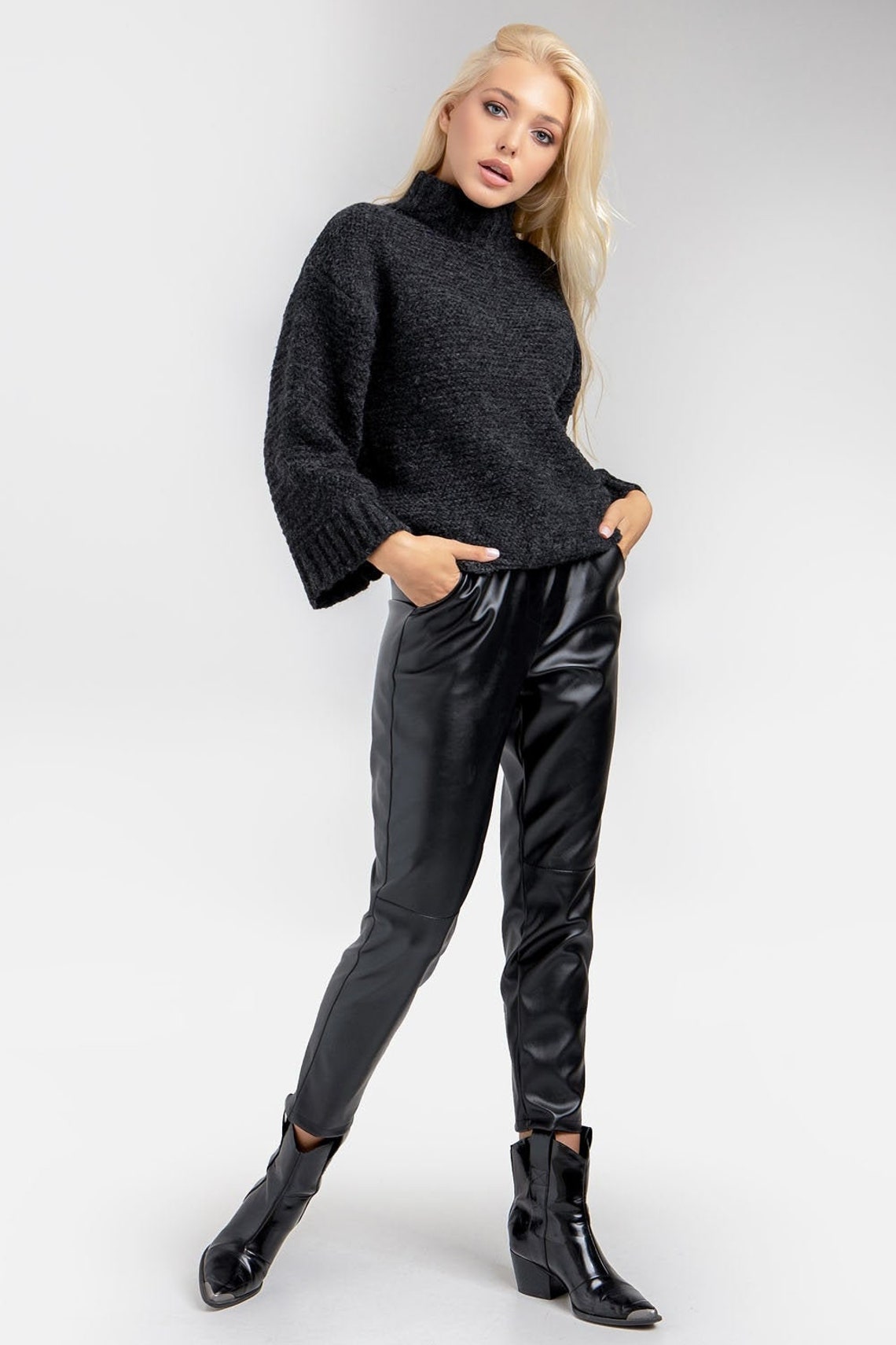 Black turtleneck sweater Womens knit sweater Loose fit cozy | Etsy