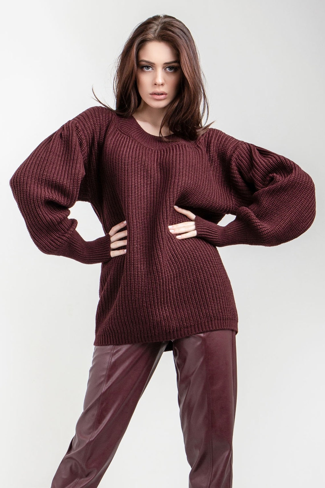 Burgundy sweater Womens loose fit pullover Warm oversized Etsy