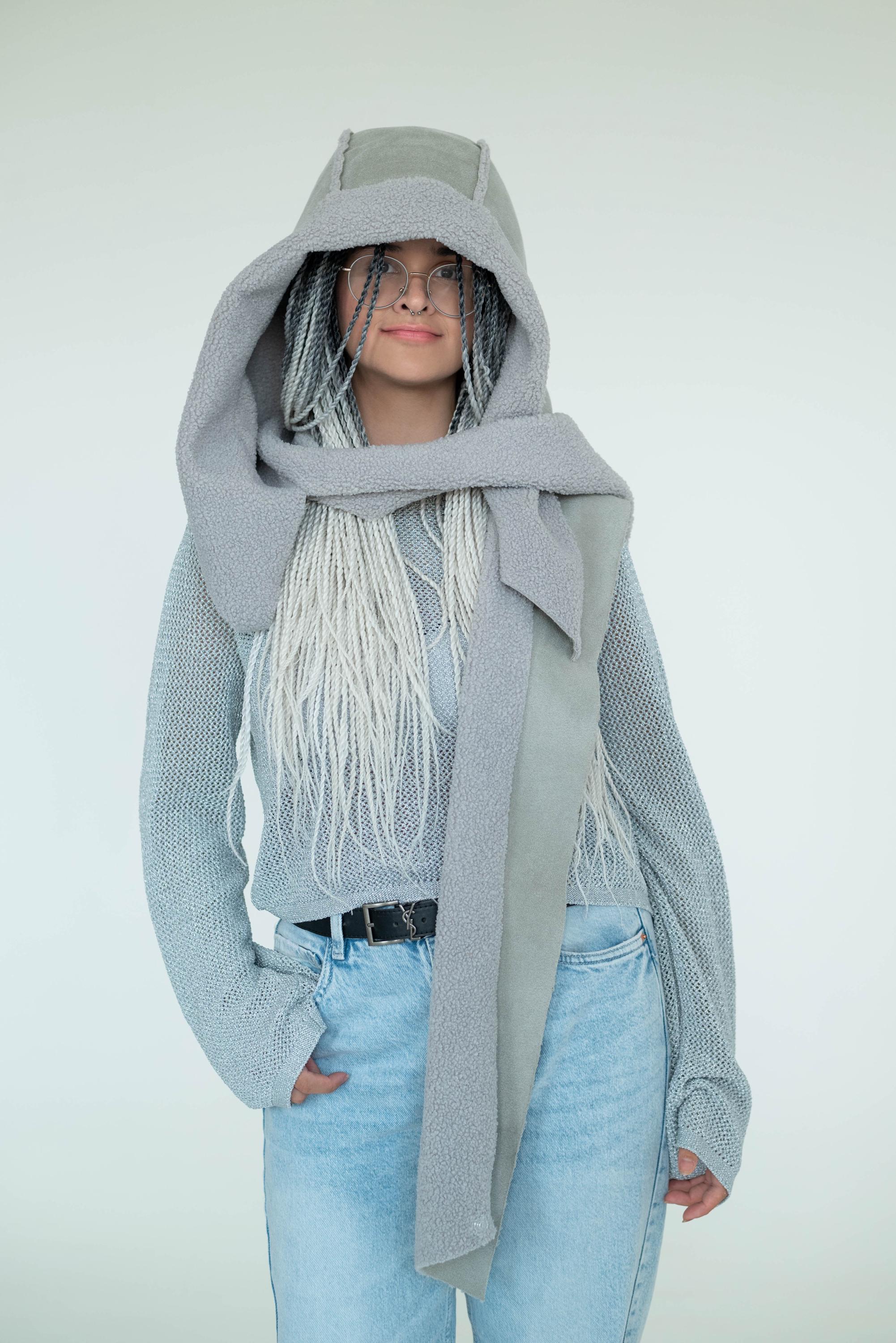 Winter Gray Cozy Furry Hooded Scarf Sheepskin Oversized Warm Cowl